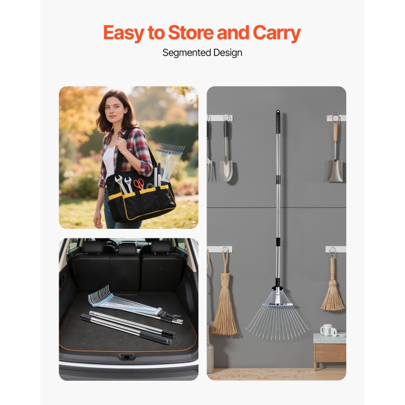 Lehtiharava ruostumattomasta teräksestä 18 piikkiä säädettävä varsi 820–1410 mm