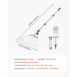 Lehtiharava ruostumattomasta teräksestä 18 piikkiä säädettävä varsi 820–1410 mm