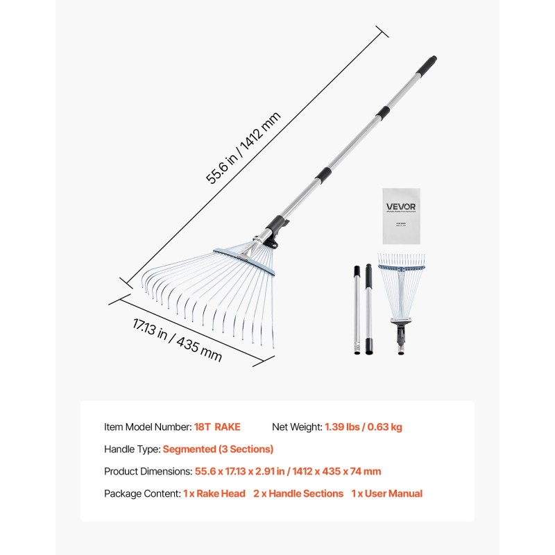 Lehtiharava ruostumattomasta teräksestä 18 piikkiä säädettävä varsi 820–1410 mm