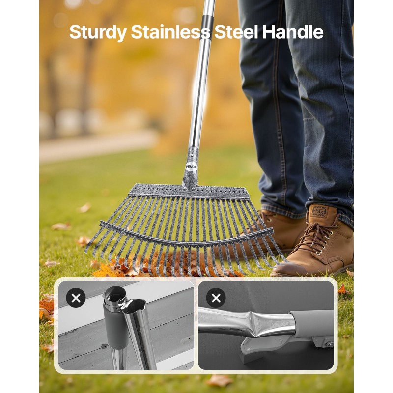 Lehtiharava ruostumattomasta teräksestä 25 metallipiikkiä 465 mm haravapää säädettävä varsi