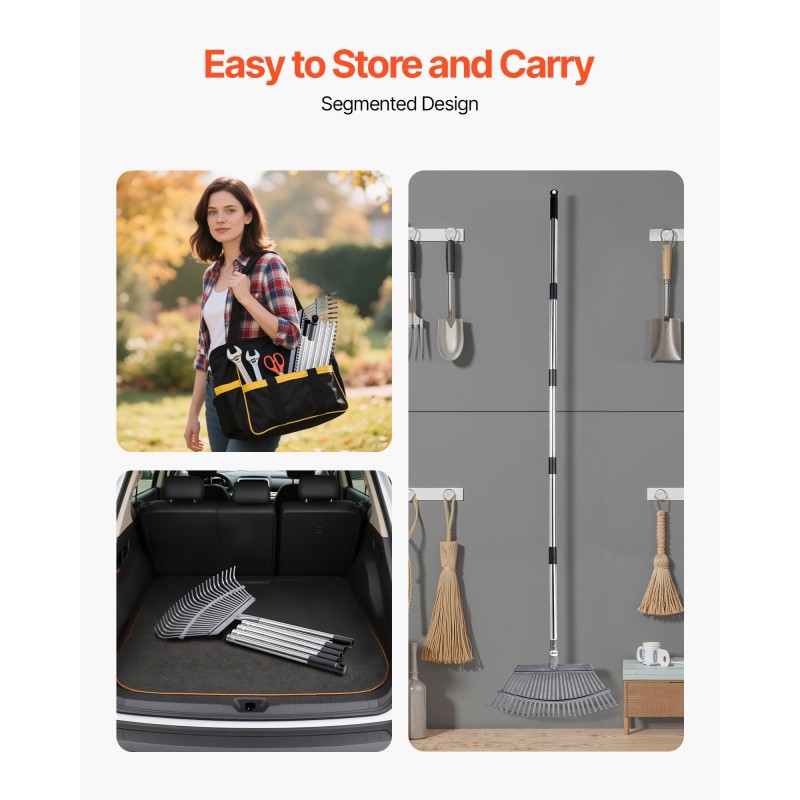 Lehtiharava ruostumattomasta teräksestä 25 metallipiikkiä 465 mm haravapää säädettävä varsi