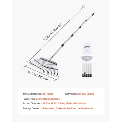 Lehtiharava ruostumattomasta teräksestä 25 metallipiikkiä 465 mm haravapää säädettävä varsi