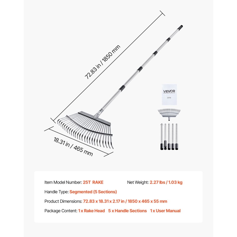 Lehtiharava ruostumattomasta teräksestä 25 metallipiikkiä 465 mm haravapää säädettävä varsi