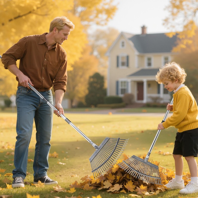 Lehtiharava ruostumattomasta teräksestä 25 metallipiikkiä 465 mm haravapää säädettävä varsi