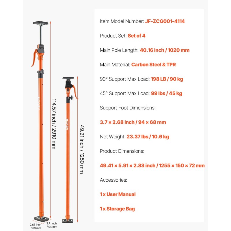Tukitankosarja 4 kappaleen hiiliteräs TPR 125–291 cm kaappien ja kipsilevyjen tuentaan