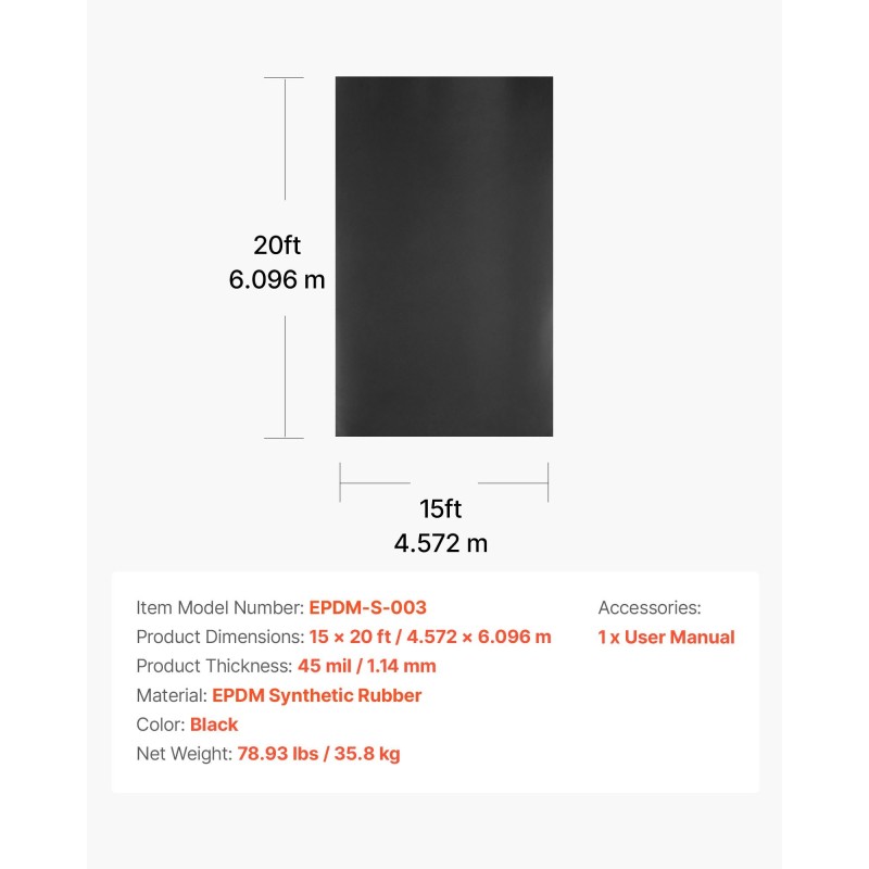 Kattorulla EPDM-synteettinen kumi 1,14 mm 4,57 x 6,10 m musta vesieristys