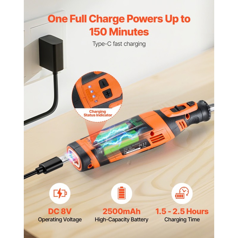 Akkukäyttöinen monitoimityökalu 136-osainen 8 V 5-portainen nopeudensäätö