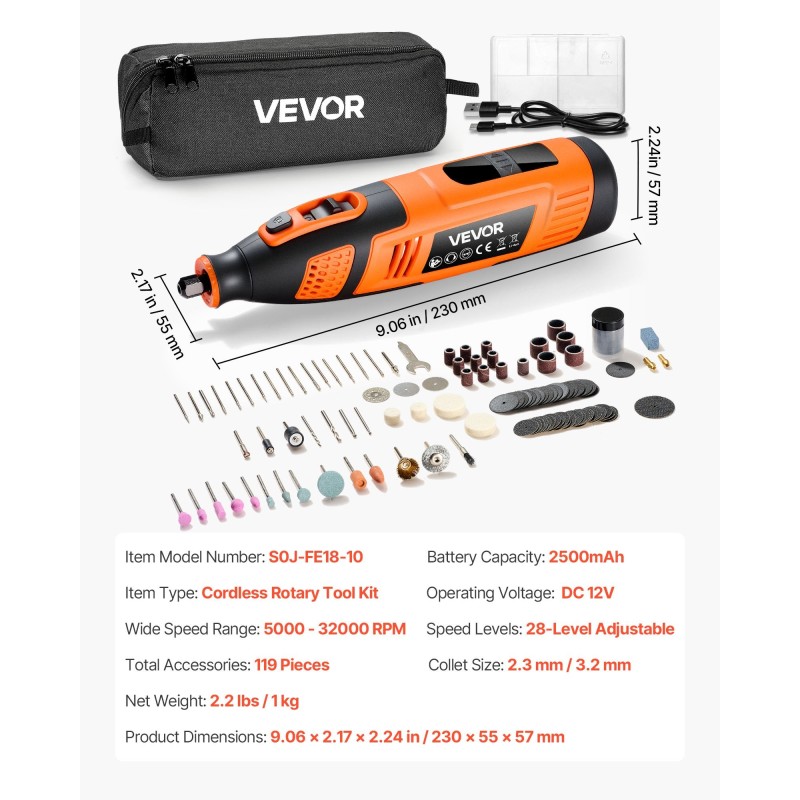 Langaton pyörivä monitoimityökalu 119 tarviketta 12V 2500mAh 28-portainen