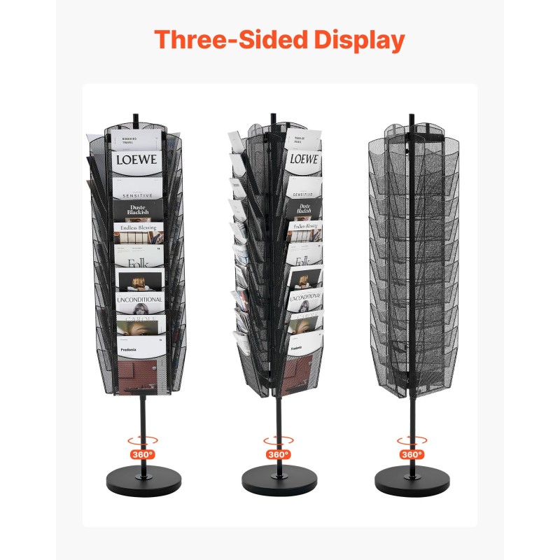 Pyörivä metallinen esiteteline 30 lokeroa A4-asiakirjoille kolmisivuinen