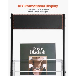 Metallinen lattiatasoinen esiteteline 6 tasoa kapea pyörillä esitteille ja aikakauslehdille