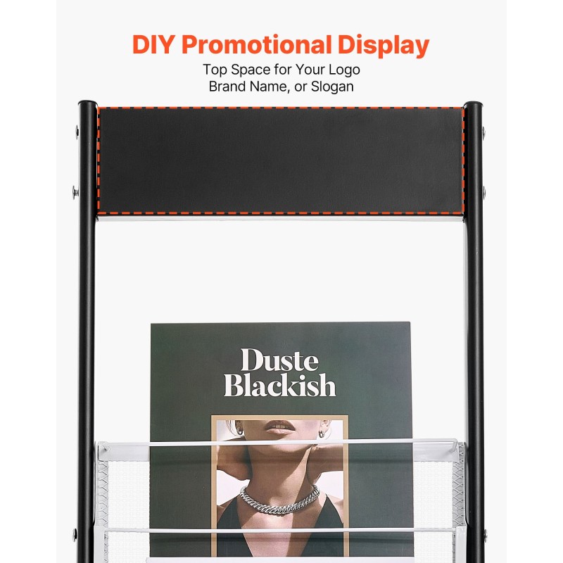 Metallinen lattiatasoinen esiteteline 6 tasoa kapea pyörillä esitteille ja aikakauslehdille