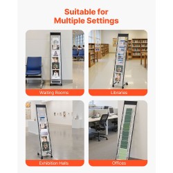 Metallinen lattiatasoinen esiteteline 6 tasoa kapea pyörillä esitteille ja aikakauslehdille