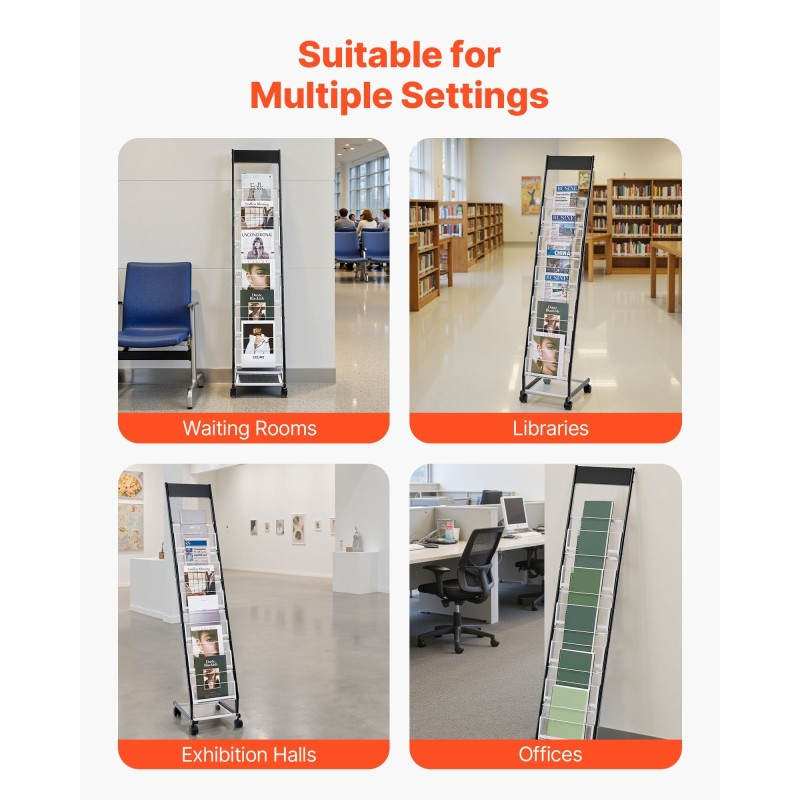 Metallinen lattiatasoinen esiteteline 6 tasoa kapea pyörillä esitteille ja aikakauslehdille