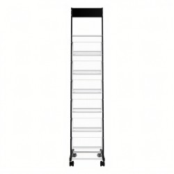 Metallinen lattiatasoinen esiteteline 6 tasoa kapea pyörillä esitteille ja aikakauslehdille