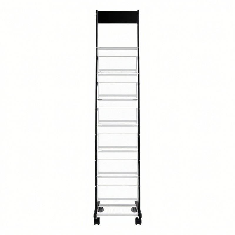 Metallinen lattiatasoinen esiteteline 6 tasoa kapea pyörillä esitteille ja aikakauslehdille