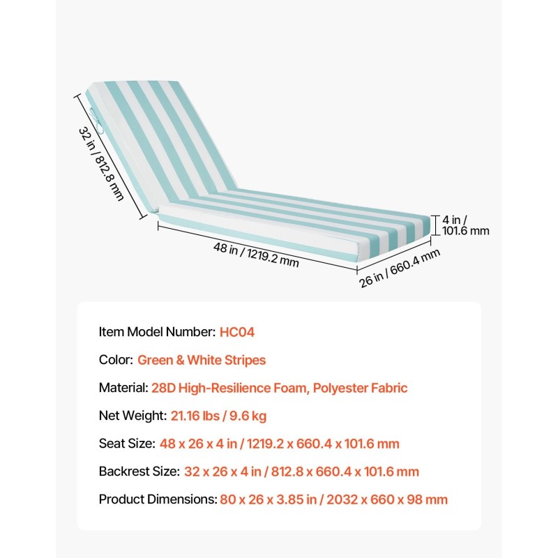 Ulkolepotuolin tyyny 2 kpl 203×66×9,8cm 28D korkearesilienssinen vaahto polyesteripäällinen vihreä-valkoinen raita