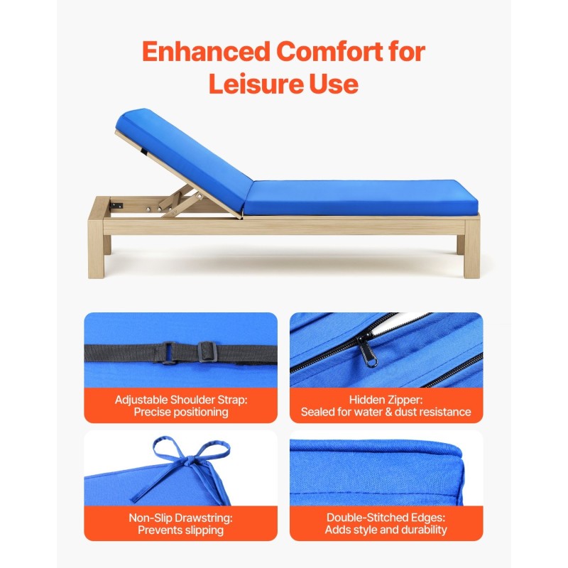 Aurinkotuolityyny ulkokäyttöön polyesterikangas korkeatiheyksinen vaahtomuovi sininen säädettävillä hihnoilla