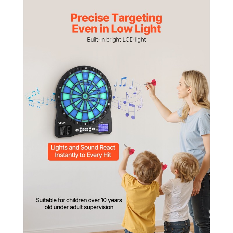 Elektroninen darttaulu PP-ABS 450×397 mm LED-taustavalaistu LCD-näyttö pehmeäkärkiset dartit