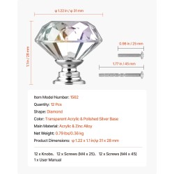 Kaapin nupit 12 kpl läpinäkyvä akryyli ja sinkkiseos Ø31×28 mm timantinmuotoinen