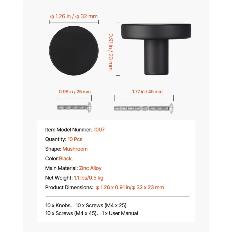 Kaapinupit sinkkiseoksesta mustat halkaisija 32 mm 10 kpl sienenmuotoiset