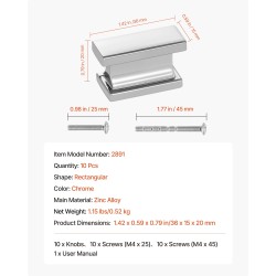 Kaapin ja laatikon suorakulmaiset nupit 10 kappaletta sinkkiseos kromi