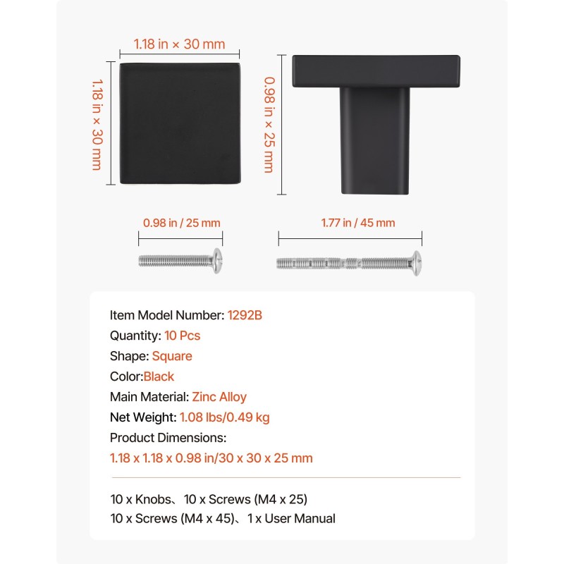 Kaapin nupit sinkkiseos neliö 30x30 mm 10 kpl musta