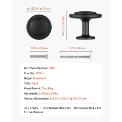 Kaapin nupit sinkkiseosta musta sienen muotoinen 30 kappaletta kaappeihin ja laatikoihin