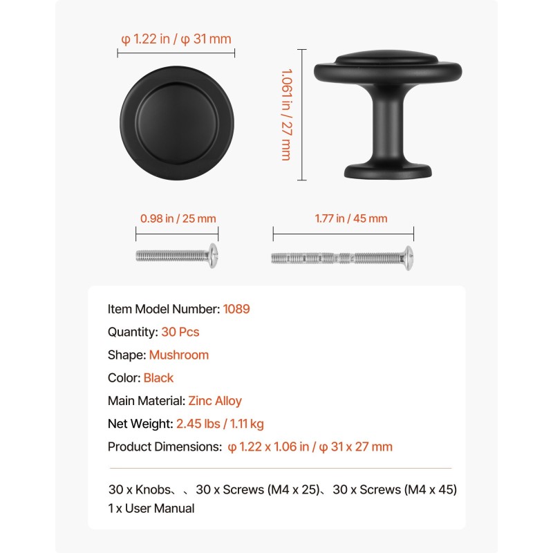Kaapin nupit sinkkiseosta musta sienen muotoinen 30 kappaletta kaappeihin ja laatikoihin