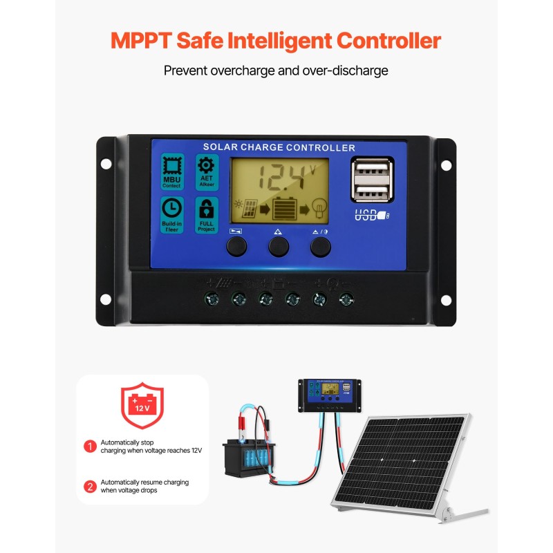 Aurinkopaneeli 50W 12V monokide akkujen ylläpitolataukseen MPPT-latausohjaimella IP65-suojattu