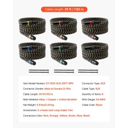 XLR-mikrofonikaapelisetti 6 kpl 7,62 m kultapinnoitetuilla 3-napaisilla liittimillä