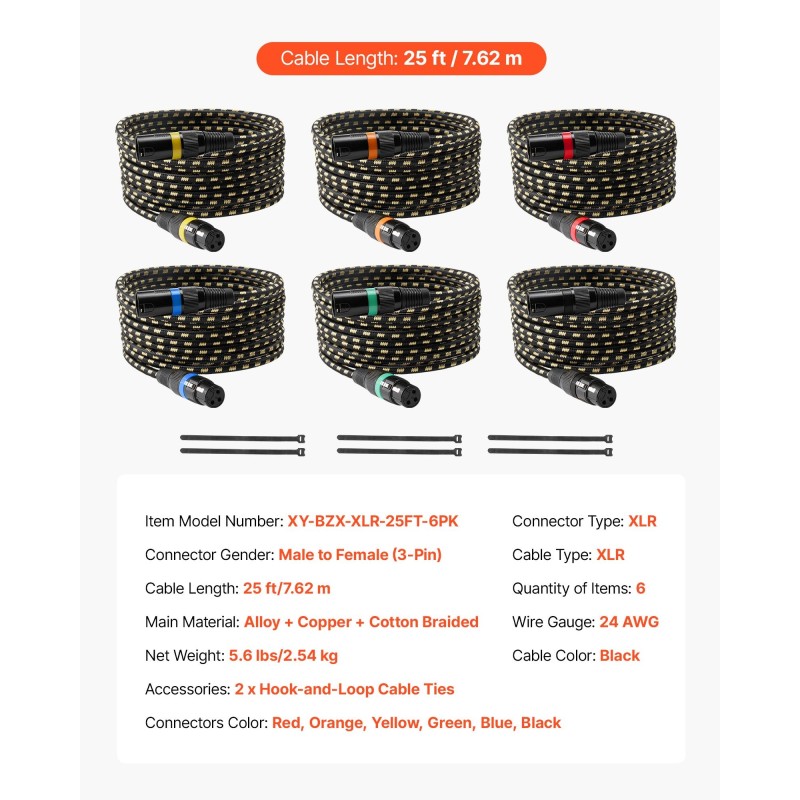 XLR-mikrofonikaapelisetti 6 kpl 7,62 m kultapinnoitetuilla 3-napaisilla liittimillä