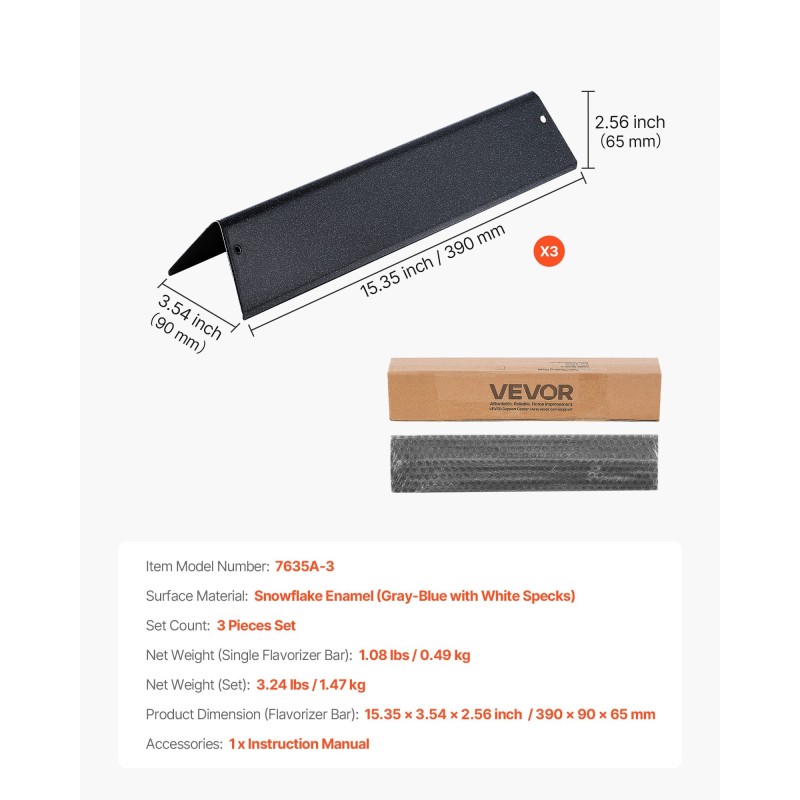 Flavorizer-tangot posliiniemaloitua terästä 3 kpl 390 mm Weber Spirit 200 -sarjaan