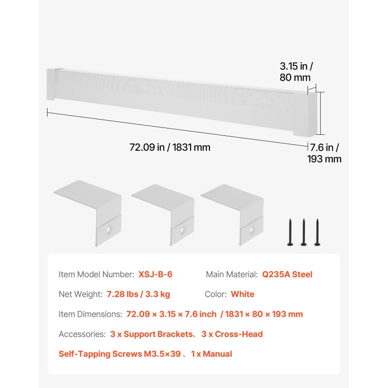 Jalkalistalämmittimen suojus teräs 1831 mm valkoinen ritilärakenne