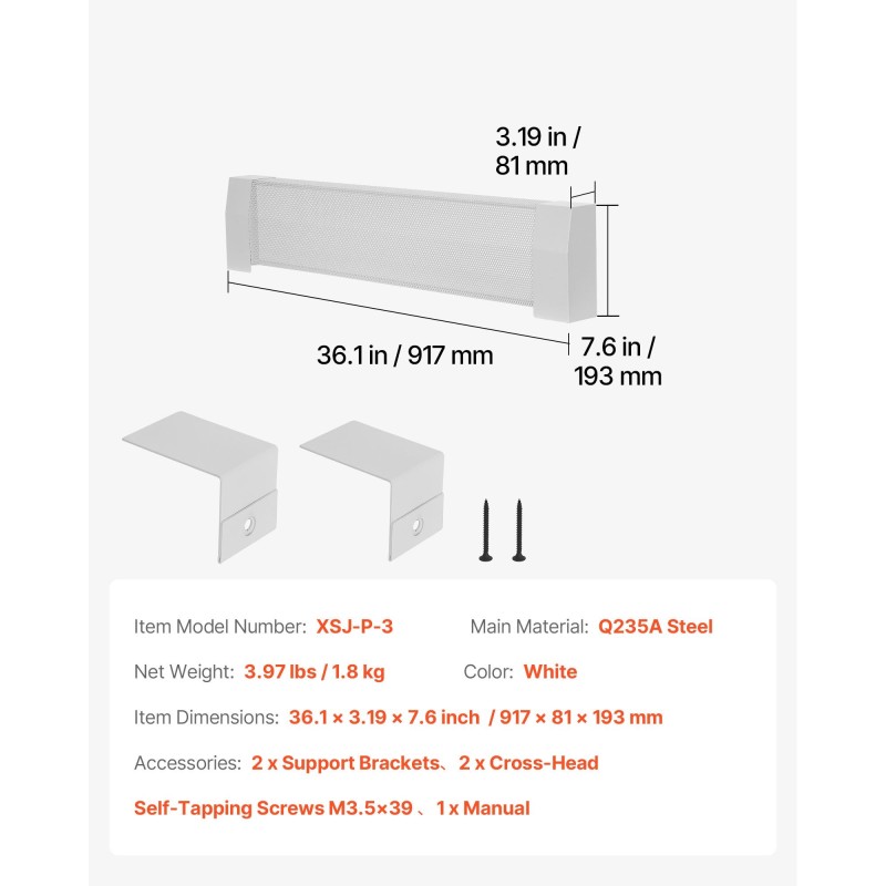 Teräksinen patterin etupaneelin suojus 917 mm valkoinen avoin ritilärakenne
