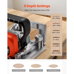 Lamellijyrsin 760 watin moottorilla kuusi syvyysasetusta kovametalliterällä pölypussilla huonekalujen liitoksiin