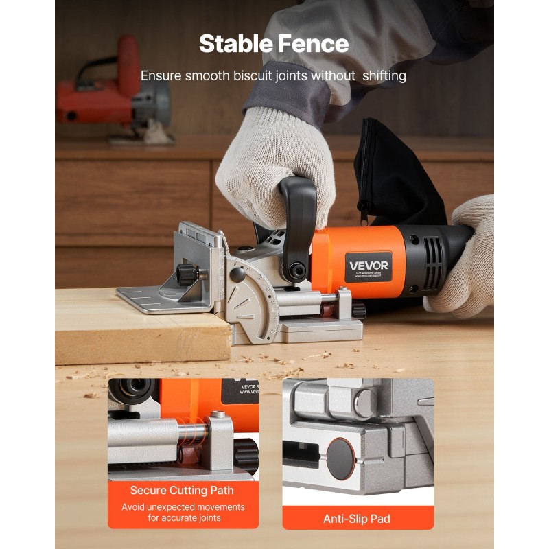 Lamellijyrsin 760 watin moottorilla kuusi syvyysasetusta kovametalliterällä pölypussilla huonekalujen liitoksiin