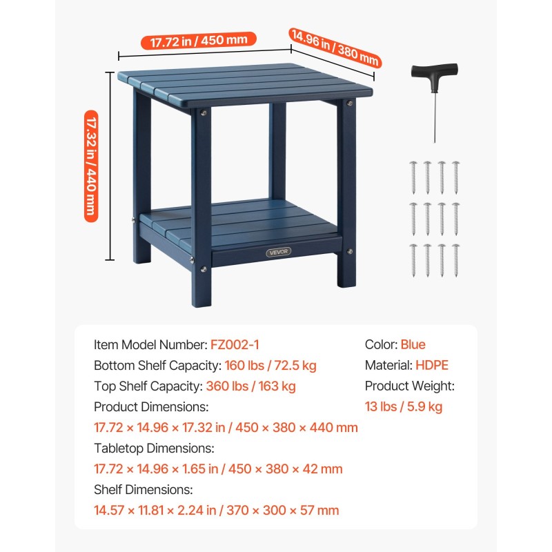Ulkosivupöytä HDPE-muovista 450x380x440 mm kaksitasoinen sininen
