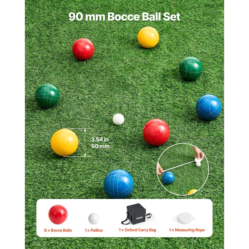Bocce-pallosetti kahdeksan värillistä polyesterihartsipalloa yhdeksänkymmentä millimetriä kantolaukulla