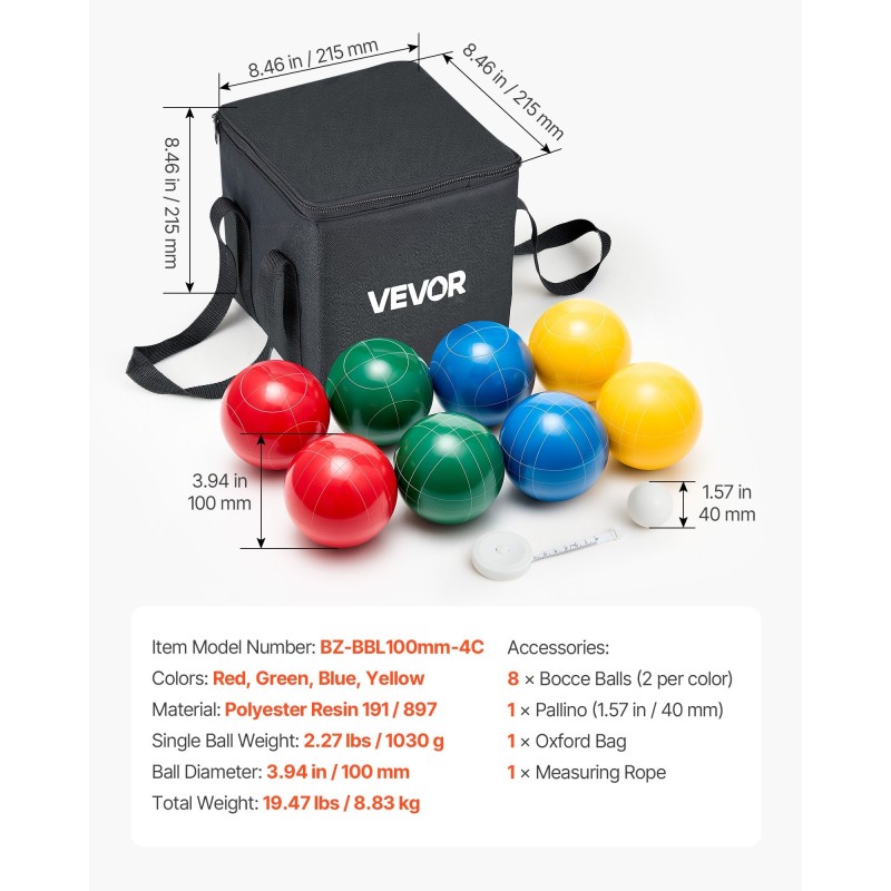 Bocce-pallot 100 mm polyesterihartsiset 8 kpl ja pallino kantolaukulla ulkokäyttöön
