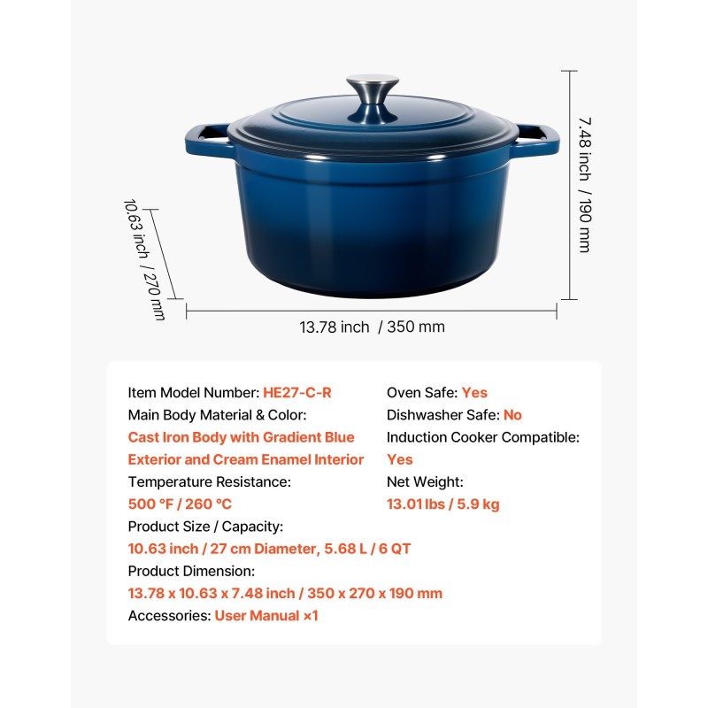 Valurautainen emaloitu pata 5,7 l uuninkestävä kansi mukana induktiolle sopiva