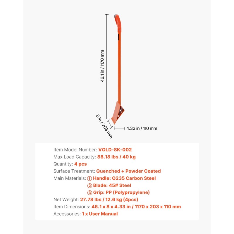 Kattotiilikola teräs 8 tuuman terä 1170 mm varsi D-muotoinen PP-kahva 4 kpl