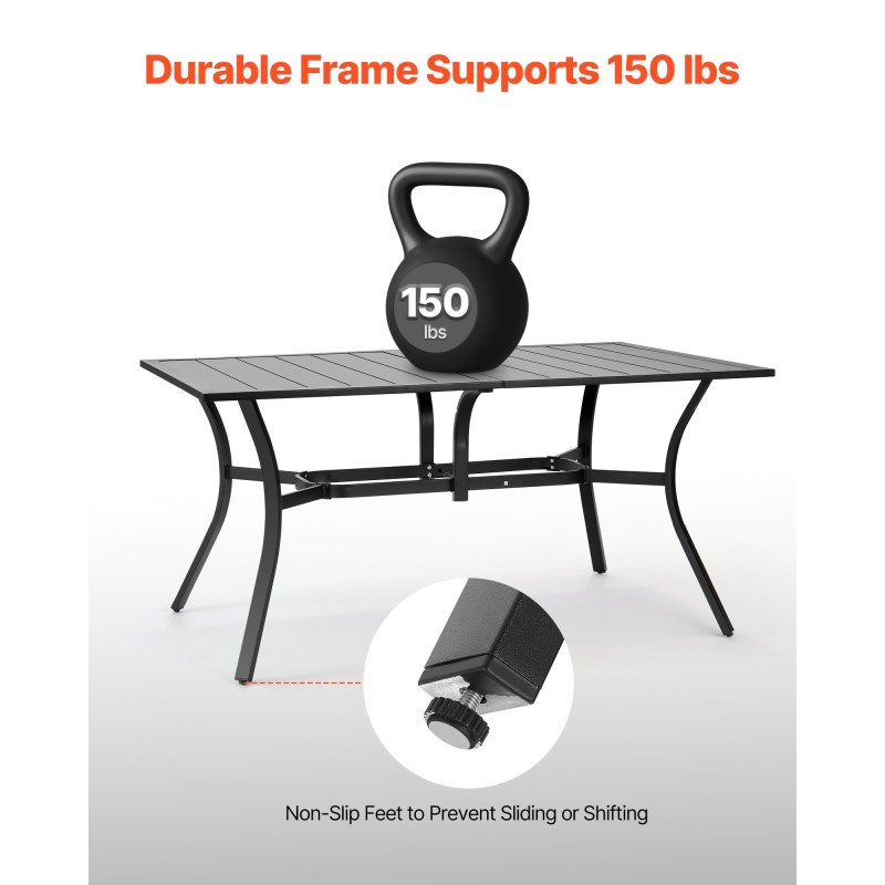 Hiiliteräksinen ulkoruokapöytä 150 cm 4–6 hengelle 38 mm varjoaukko