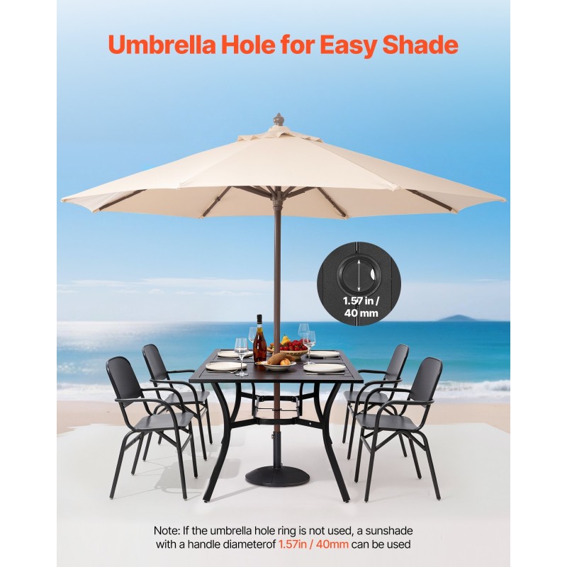 Hiiliteräksinen ulkoruokapöytä 150 cm 4–6 hengelle 38 mm varjoaukko