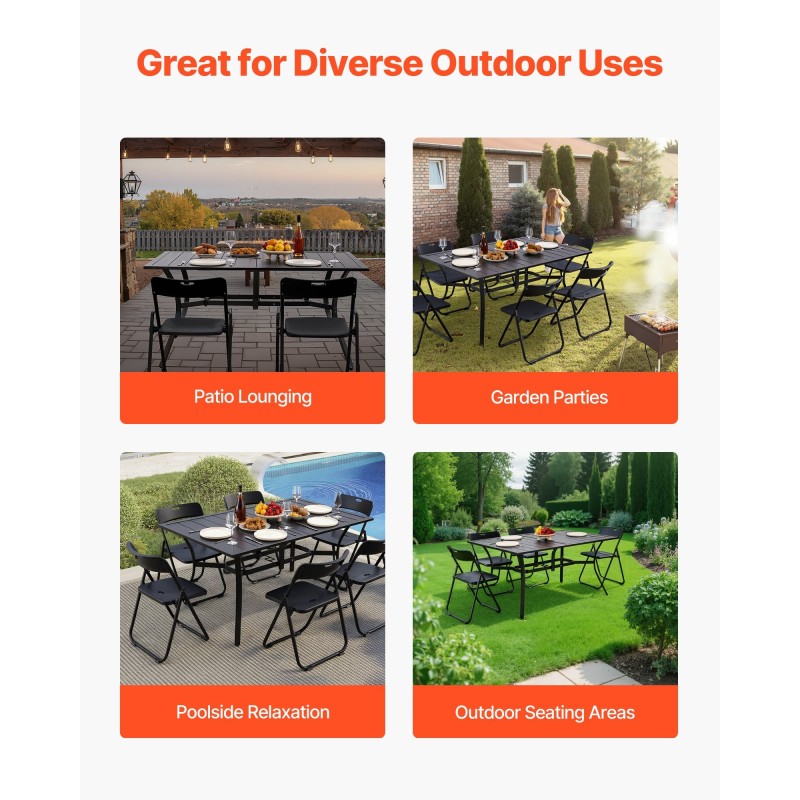 Hiiliteräksinen ulkoruokapöytä 150 cm 4–6 hengelle 38 mm varjoaukko