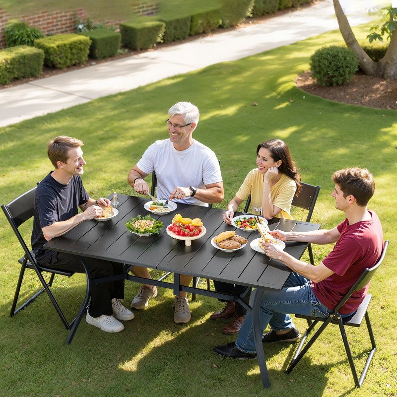 Hiiliteräksinen ulkoruokapöytä 150 cm 4–6 hengelle 38 mm varjoaukko