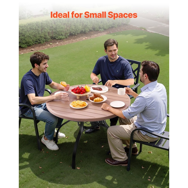 Teräspöytä pyöreä 103 cm jauhemaalattu sinkitty puukuviokansi 4 hengelle varjoreikä 38 mm