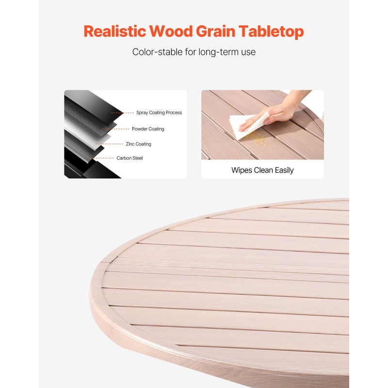 Teräspöytä pyöreä 103 cm jauhemaalattu sinkitty puukuviokansi 4 hengelle varjoreikä 38 mm