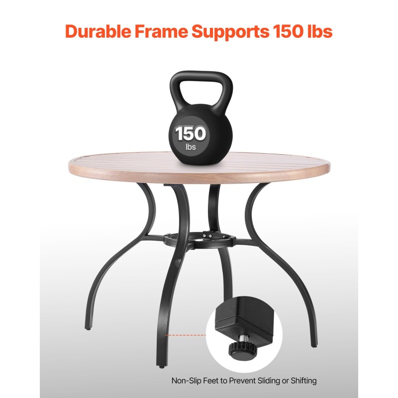 Teräspöytä pyöreä 103 cm jauhemaalattu sinkitty puukuviokansi 4 hengelle varjoreikä 38 mm