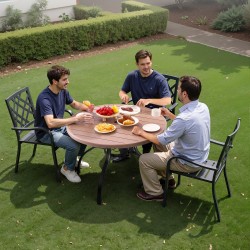 Teräspöytä pyöreä 103 cm jauhemaalattu sinkitty puukuviokansi 4 hengelle varjoreikä 38 mm