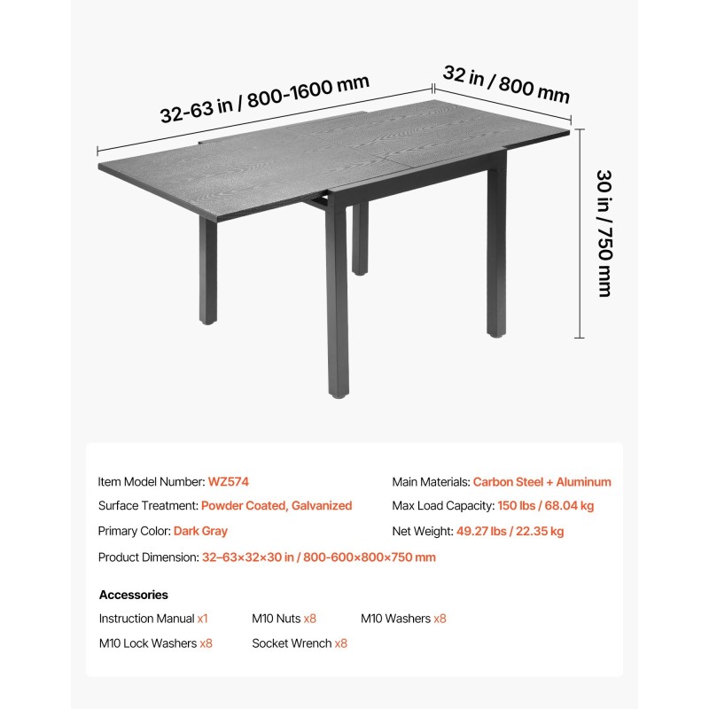 Jatkettava ulkoruokapöytä 800–1600 mm hiiliteräs ja alumiini tummanharmaa
